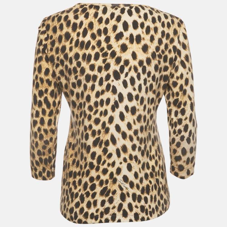 Pre Owned Just Cavalli Brown Animal Print Jersey Embellished Slim Fit Top L 