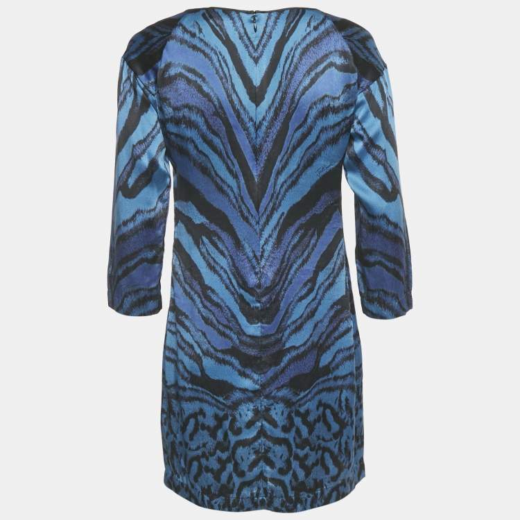 Pre Owned Just Cavalli Blue Animal Print Silk Long Sleeve Mini Dress M