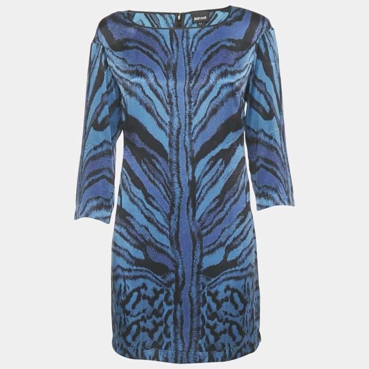 Pre Owned Just Cavalli Blue Animal Print Silk Long Sleeve Mini Dress M
