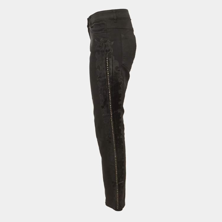 Pre Owned Just Cavalli Black Flock Print Denim Slim Fit Jeans M/Waist 34"