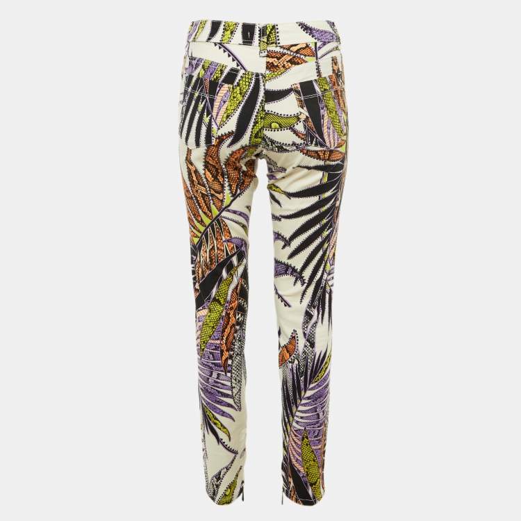 Pre Owned Just Cavalli White Scale Leaf Print Denim Skinny Jeans M/Waist 32"