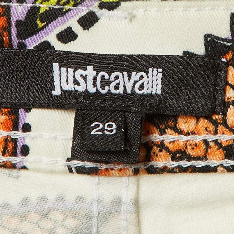 Pre Owned Just Cavalli White Scale Leaf Print Denim Skinny Jeans M/Waist 32"