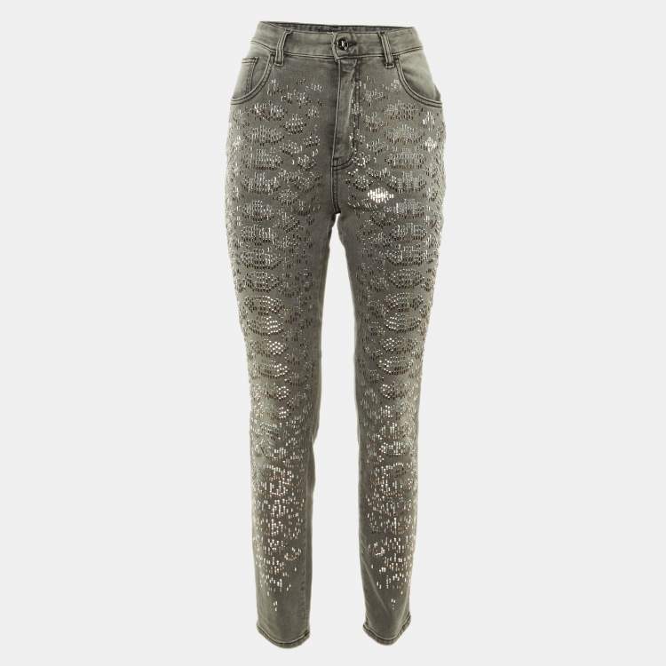 Pre Owned Just Cavalli Grey Denim Stud Embellished Slim High Waist Jeans M/Waist 30"