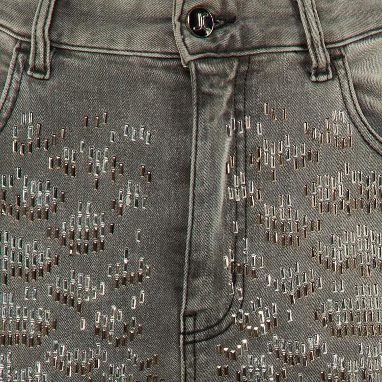 Pre Owned Just Cavalli Grey Denim Stud Embellished Slim High Waist Jeans M/Waist 30"