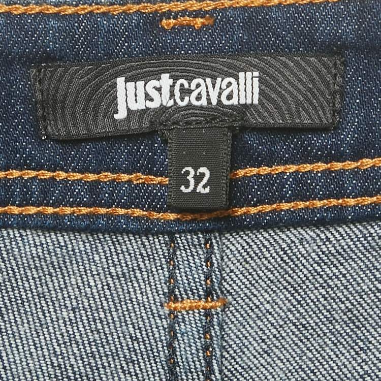 Pre Owned Just Cavalli Blue Embroidered Distressed Denim Jeans L Waist 32"