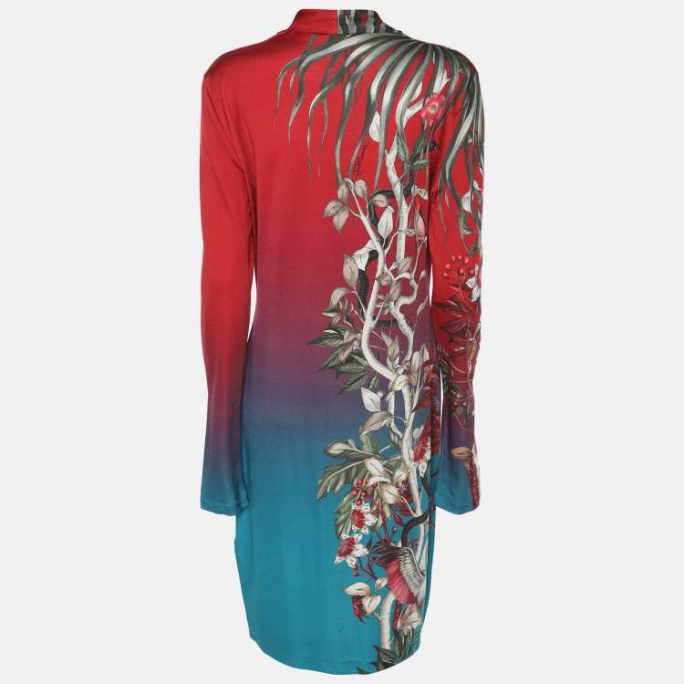 Pre Owned Just Cavalli Red Multicolor Printed Stretch Satin Long Sleeve V Neck Midi Dress L