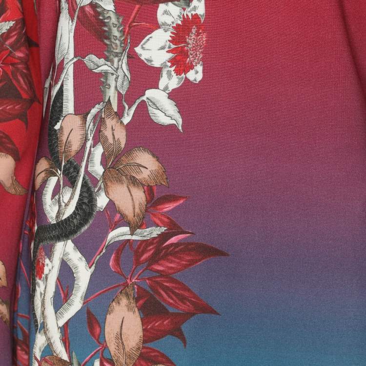 Pre Owned Just Cavalli Red Multicolor Printed Stretch Satin Long Sleeve V Neck Midi Dress L