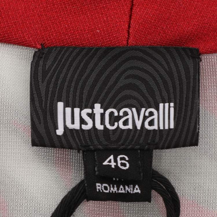 Pre Owned Just Cavalli Red Multicolor Printed Stretch Satin Long Sleeve V Neck Midi Dress L