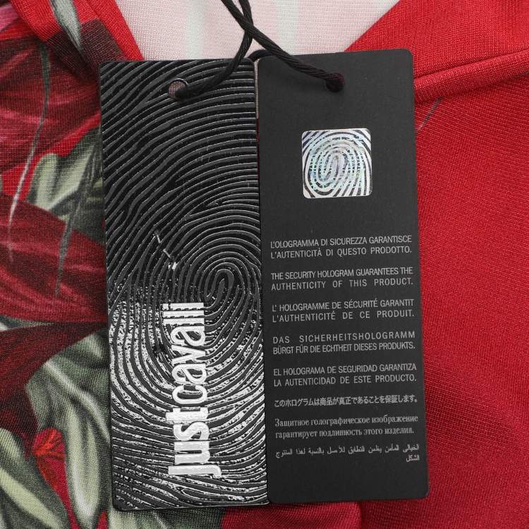 Pre Owned Just Cavalli Red Multicolor Printed Stretch Satin Long Sleeve V Neck Midi Dress L