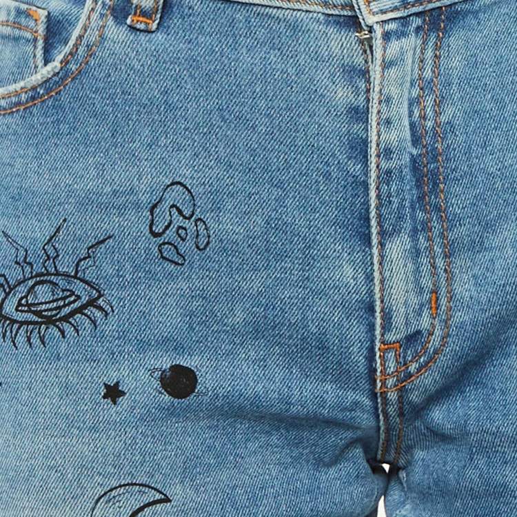 Pre Owned Just Cavalli Blue Doodle Print Denim Slim Fit Jeans M/Waist 30"