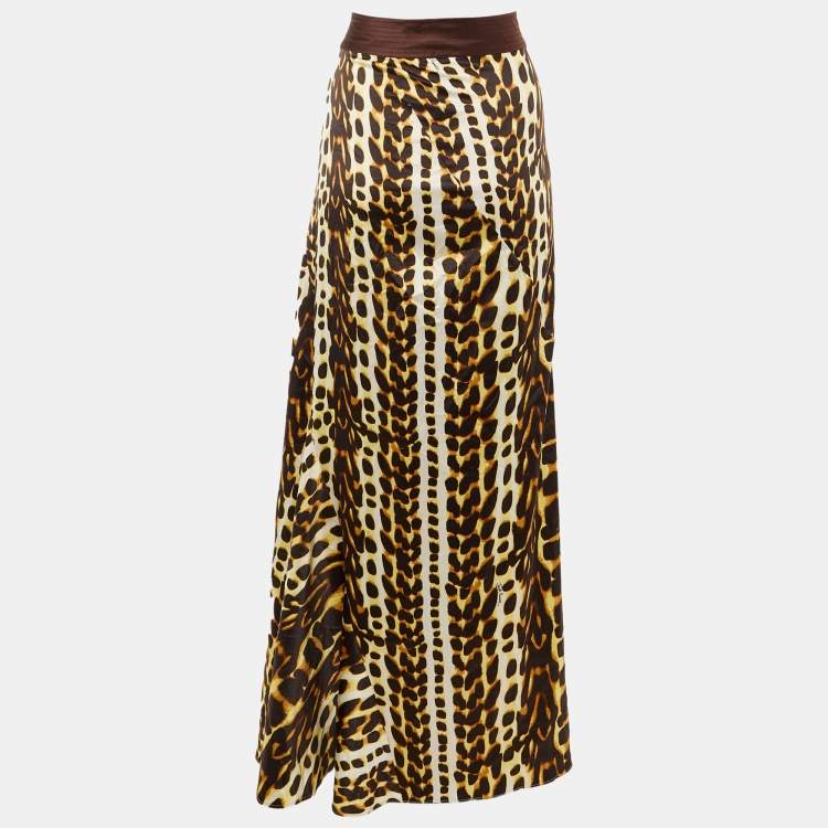 Pre Owned Just Cavalli Brown Animal Print Satin Maxi Skirt L