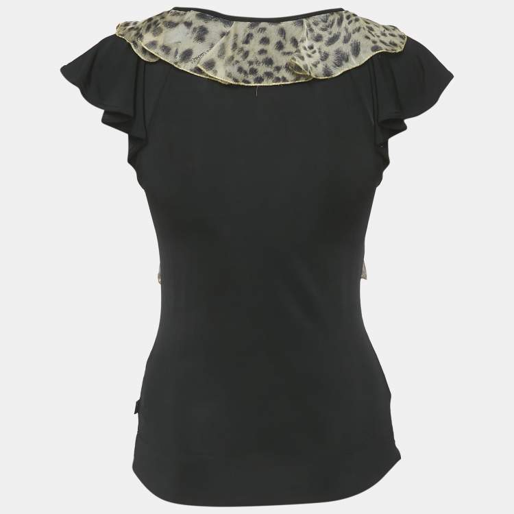 Pre Owned Just Cavalli Black Animal Print Frill Detail Jersey Top XS 