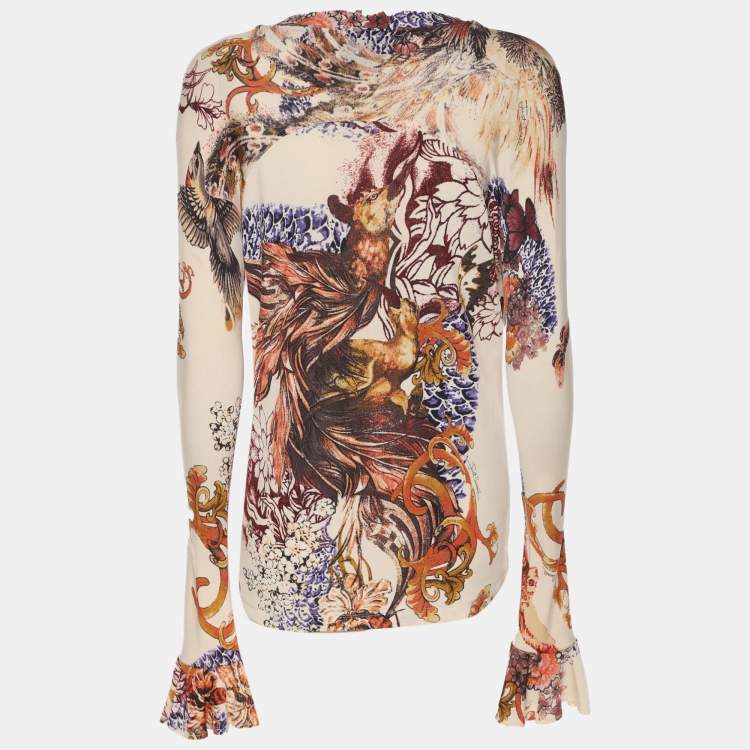 Pre Owned Just Cavalli Beige Printed Jersey Long Sleeve Tops L