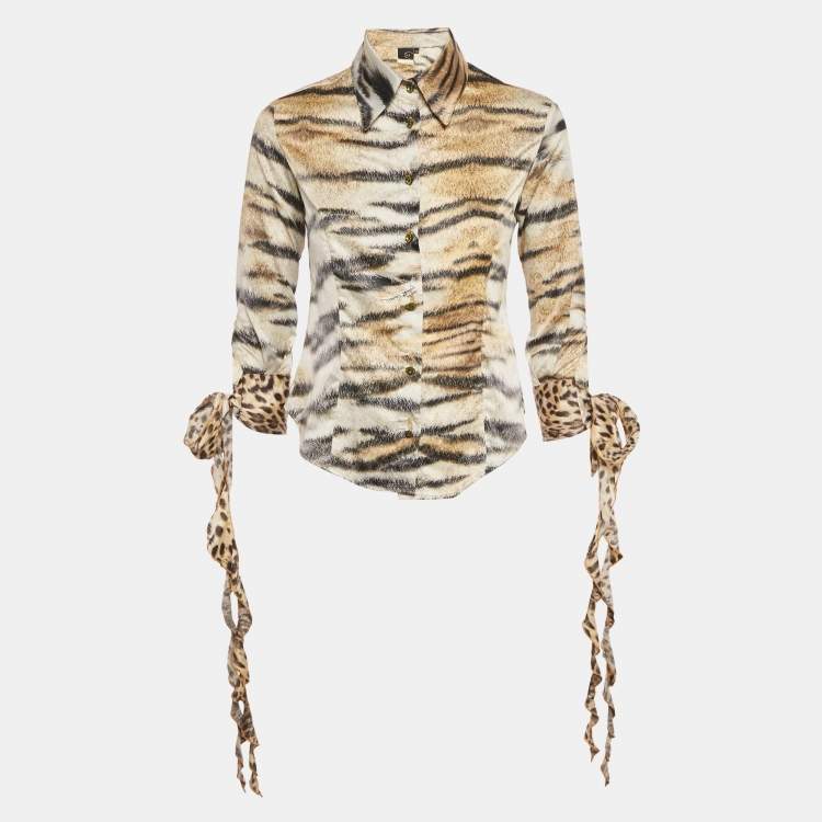 Pre Owned Just Cavalli Brown /Black Animal Print Satin Tie Up Sleeves S