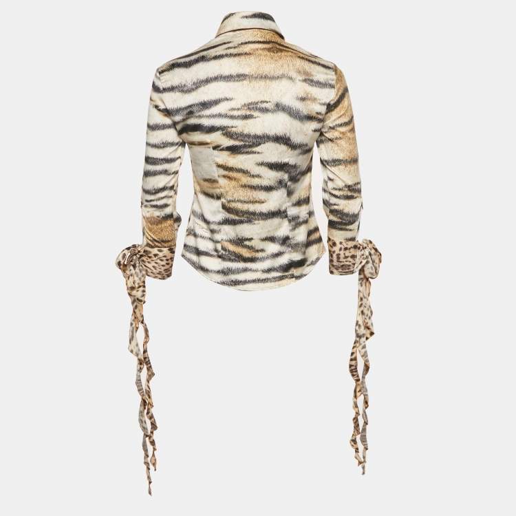 Pre Owned Just Cavalli Brown /Black Animal Print Satin Tie Up Sleeves S