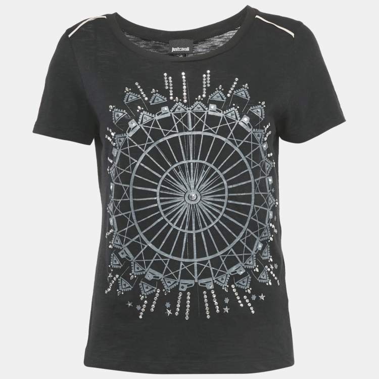 مملوكة مسبقًا Just Cavalli Printed Embellished Cotton T-Shirt S 