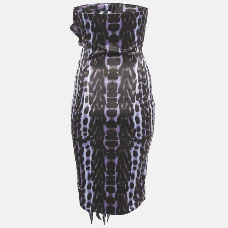 Pre Owned Just Cavalli Purple Leopard Print Stretch Satin Strapless Dress S