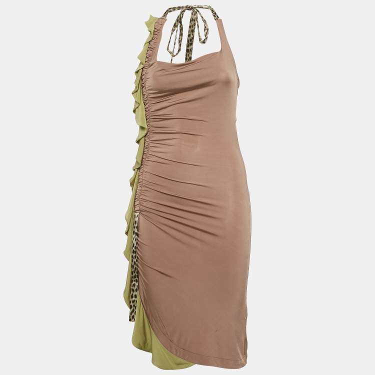 Pre Owned Just Cavalli Green Jersey Side Draped Tie Neck Dress M