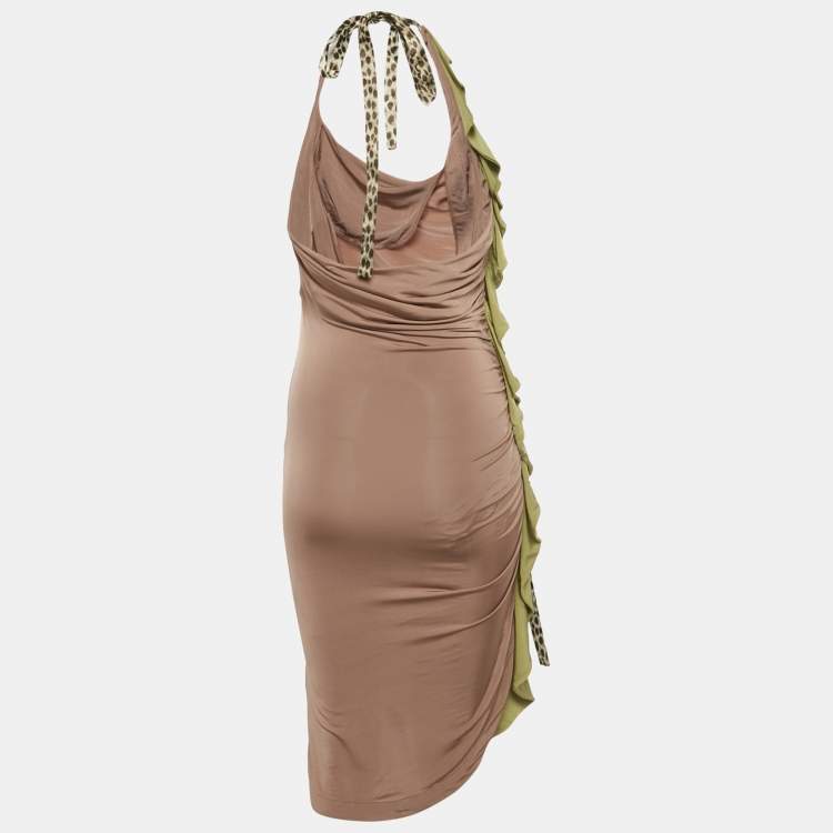 Pre Owned Just Cavalli Green Jersey Side Draped Tie Neck Dress M