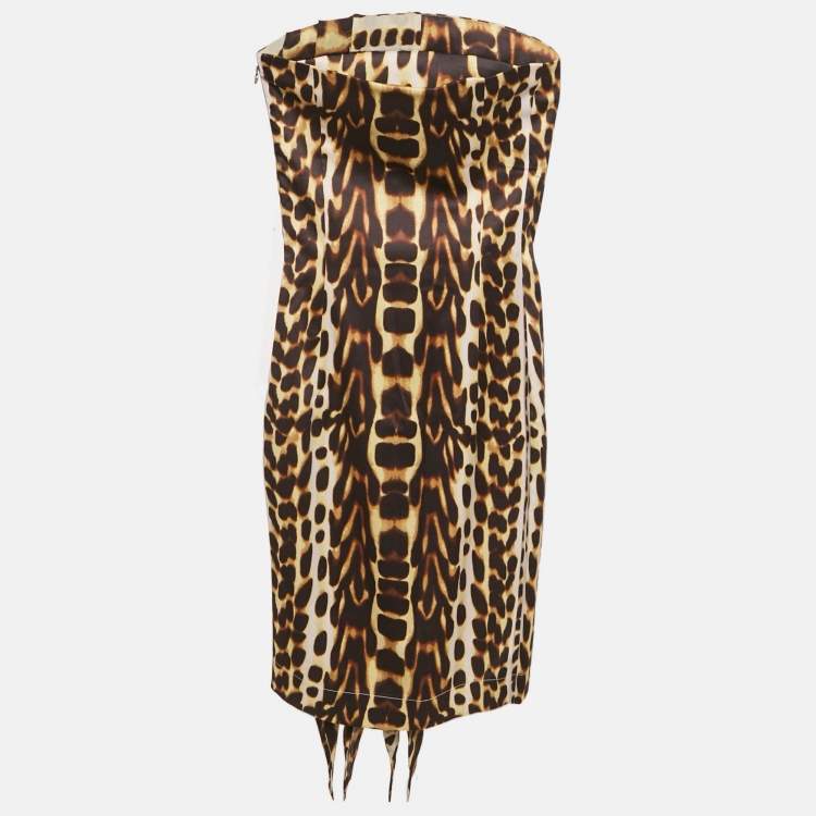 Pre Owned Just Cavalli Brown Leopard Print Satin Ruffled Tube Dress S
