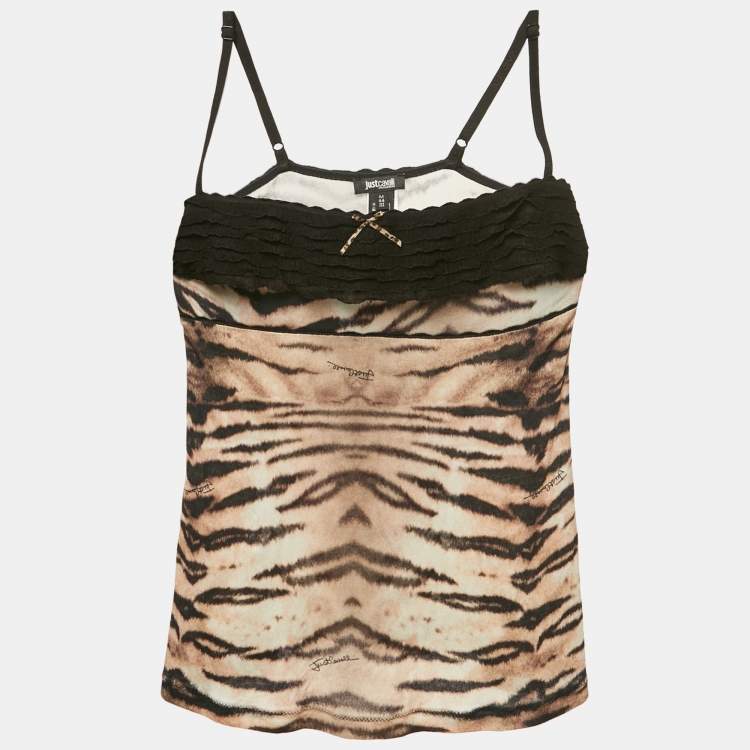 Pre Owned Just Cavalli Underwear Brown Tiger Print Jersey Frilled Camisole M
