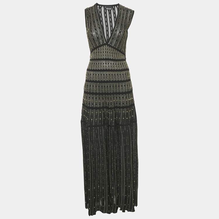 مملوكة مسبقًا Just Cavalli Black Metallic Lurex Knit Gold Stud Maxi Dress M