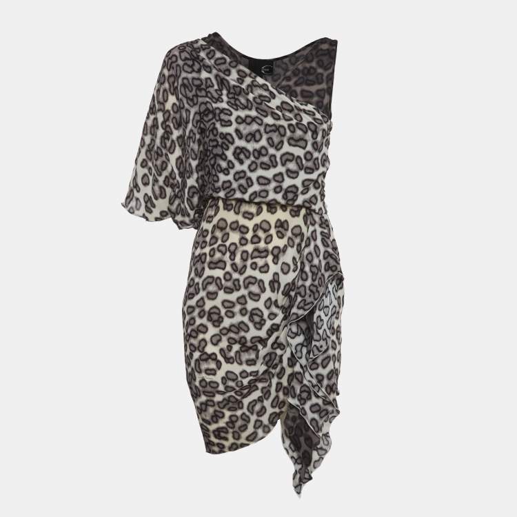 Pre Owned Just Cavalli Leopard Print Crepe Asymmetric Mini Dress S
