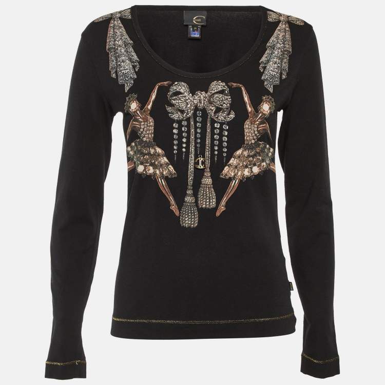 Pre Owned Just Cavalli Black Printed Cotton Long Sleeve Top M