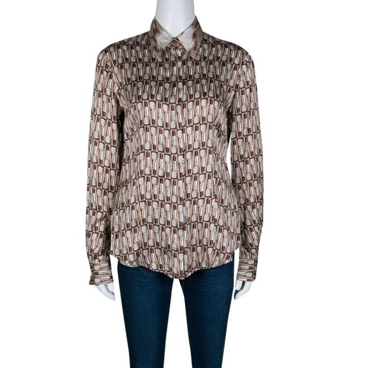 Pre Owned Just Cavalli Lipstick Printed Silk Satin Contrast Collar Shirt M