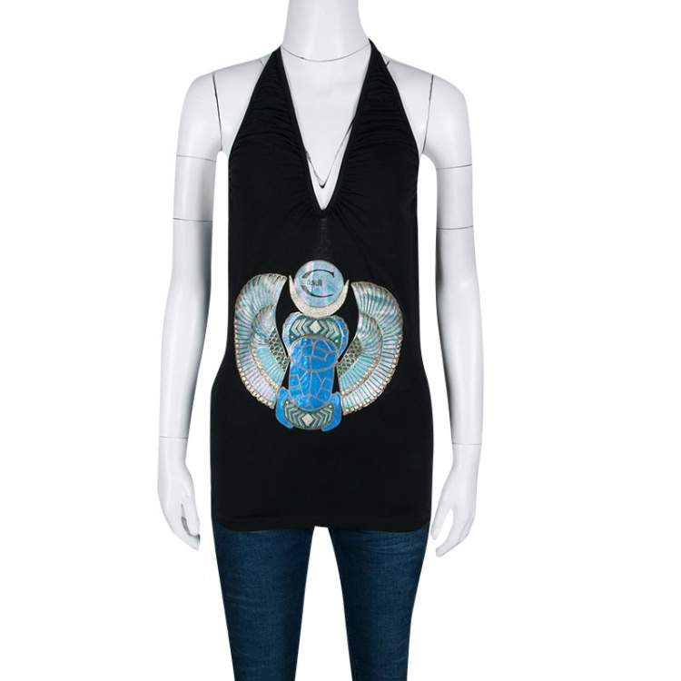 Pre Owned Just Cavalli Black Printed Jersey Halter Top M