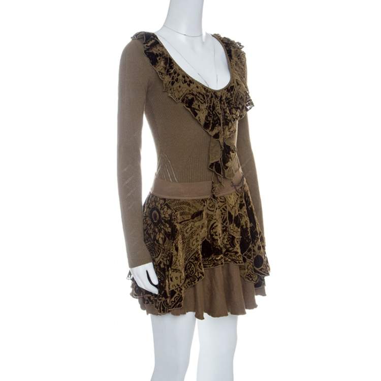Pre Owned Just Cavalli Brown Knit Burnout Velvet Flounce Detail Top and Skirt Set M