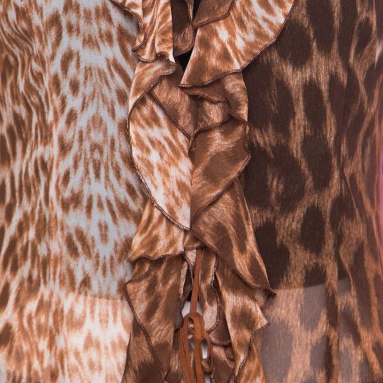 Pre Owned Just Cavalli Leopard Printed Sheer Criss Cross Tie Up Detail Ruffled Blouse M