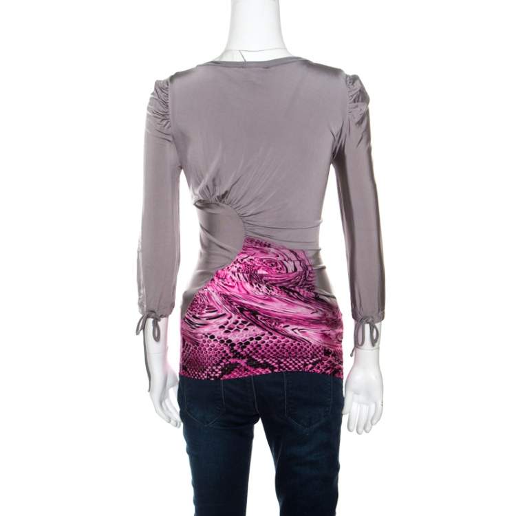Pre Owned Just Cavalli Grey and Pink Animal Printed Ruched Long Sleeve Top S