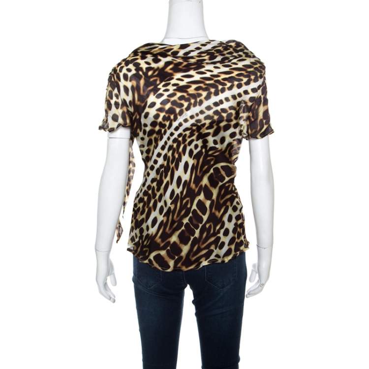 Pre Owned Just Cavalli Dark Brown Leopard Print Silk Draped Cowl Neck Top S