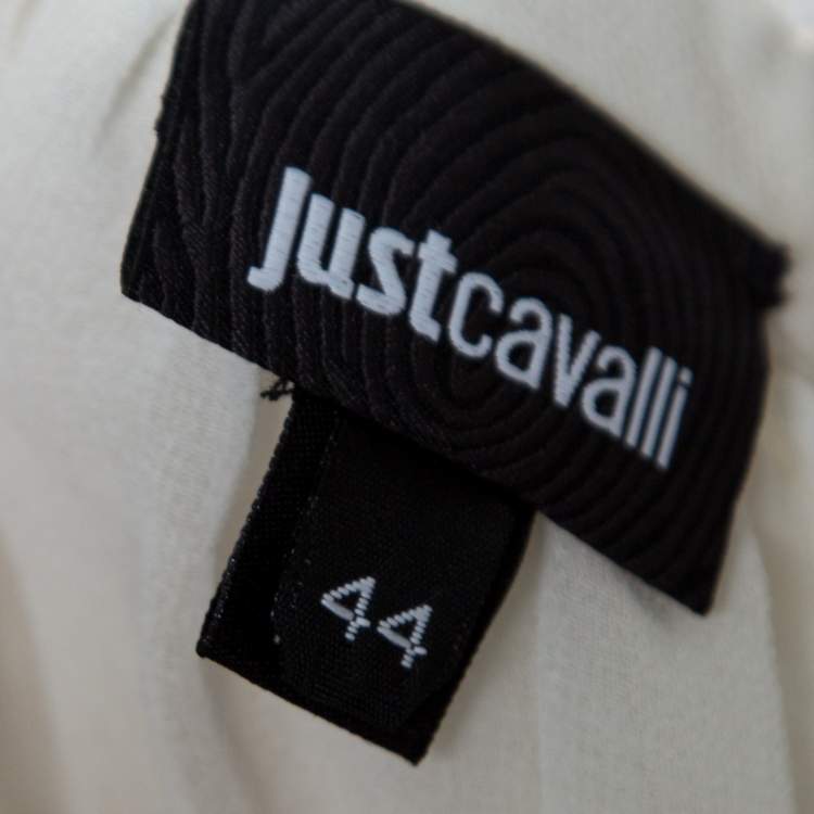Pre Owned Just Cavalli White Crepe Ruffled Cuff Lace Neck Trim Detail Studded Blouse M