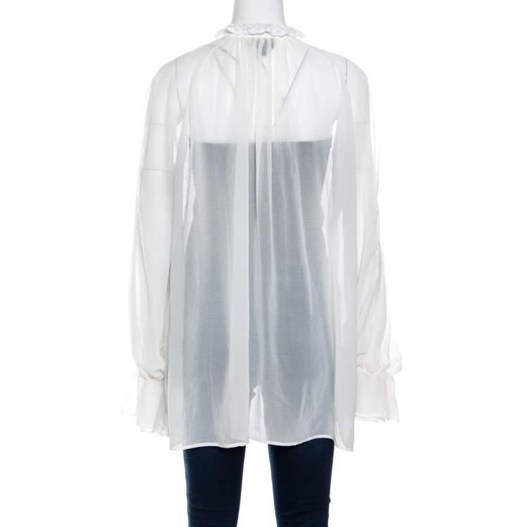 Pre Owned Just Cavalli White Crepe Ruffled Cuff Lace Neck Trim Detail Studded Blouse M