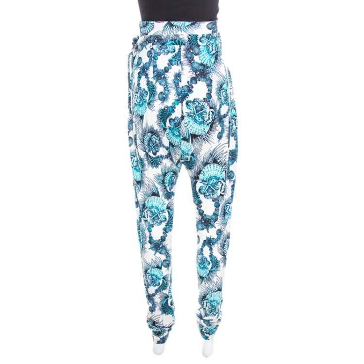 Pre Owned Just Cavalli White and Blue Shell Printed Draped Tie Detail Pants M