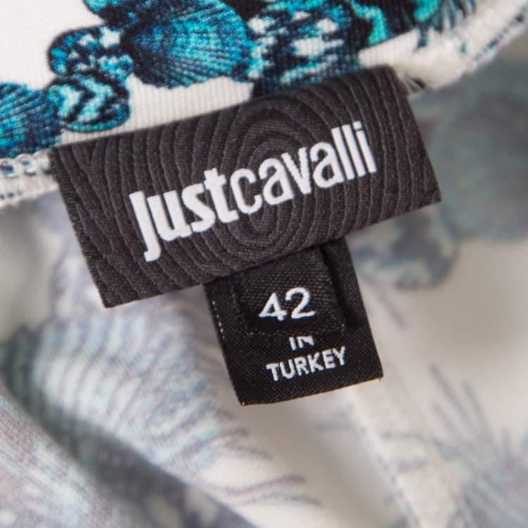 Pre Owned Just Cavalli White and Blue Shell Printed Draped Tie Detail Pants M