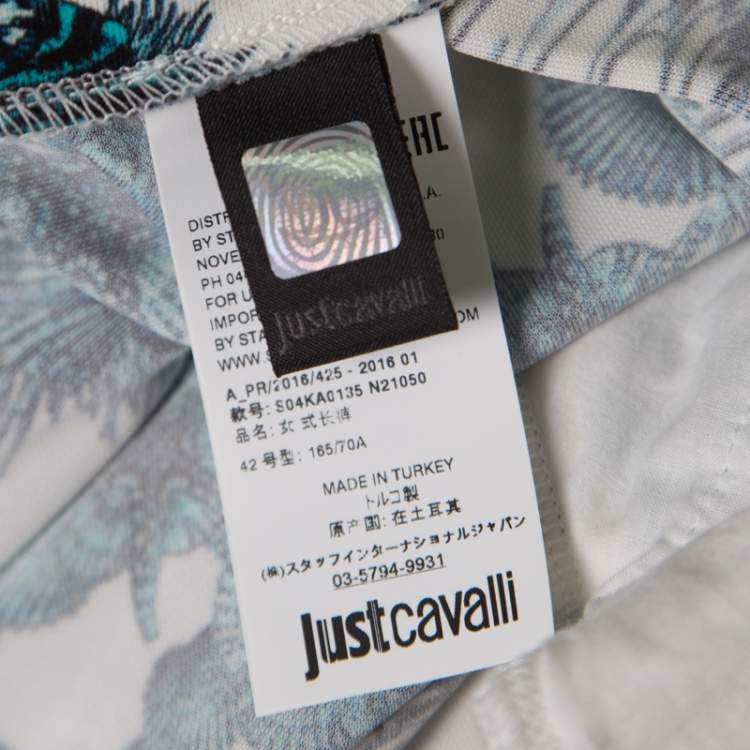 Pre Owned Just Cavalli White and Blue Shell Printed Draped Tie Detail Pants M