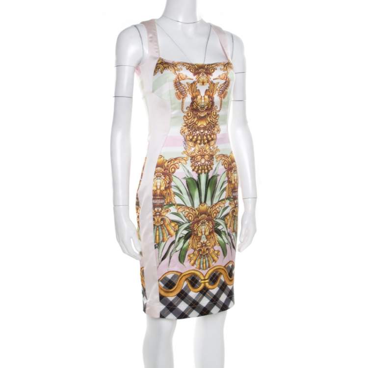 Pre Owned Just Cavalli Multicolor Printed Satin Square Neck Sleeveless Dress S