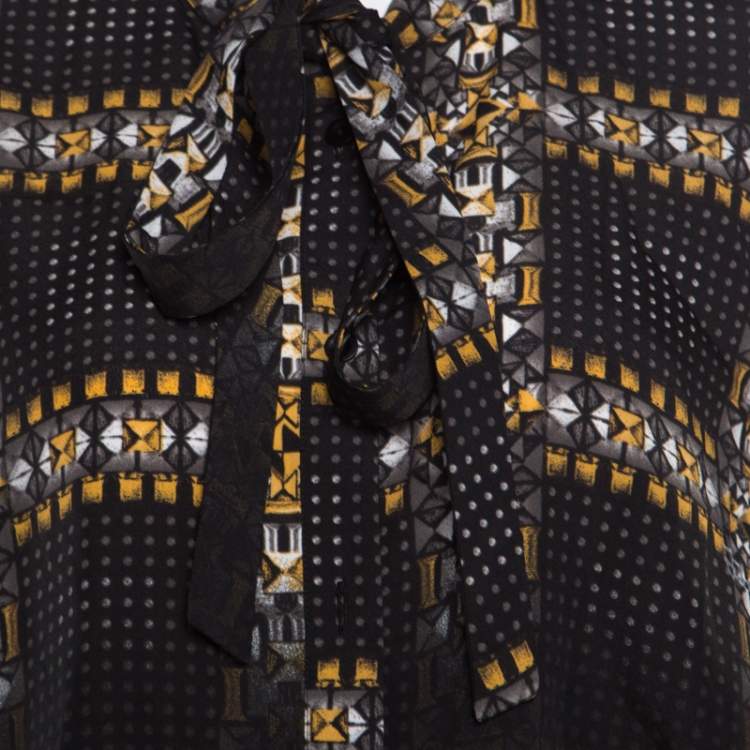 Pre Owned Just Cavalli Black Geometric Print Belted Long Sleeve Dress M