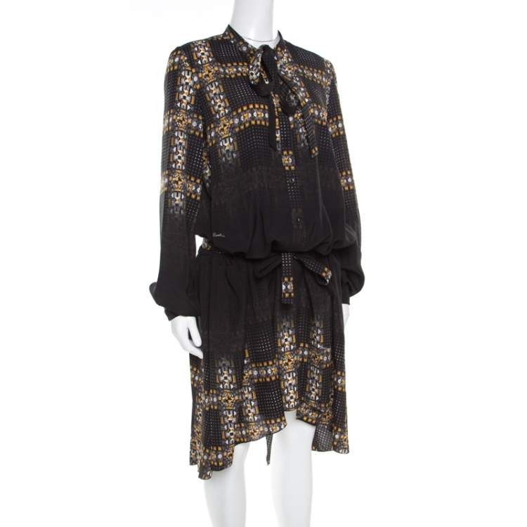 Pre Owned Just Cavalli Black Geometric Print Belted Long Sleeve Dress M