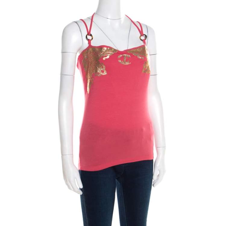 Pre Owned Just Cavalli Pink jersey Metallic Rubber Print Tank Top S