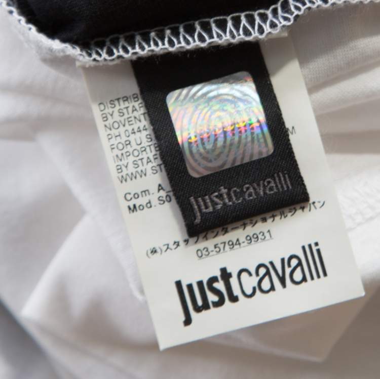 Pre Owned Just Cavalli Black and White Printed Studded Crew Neck T-Shirt L