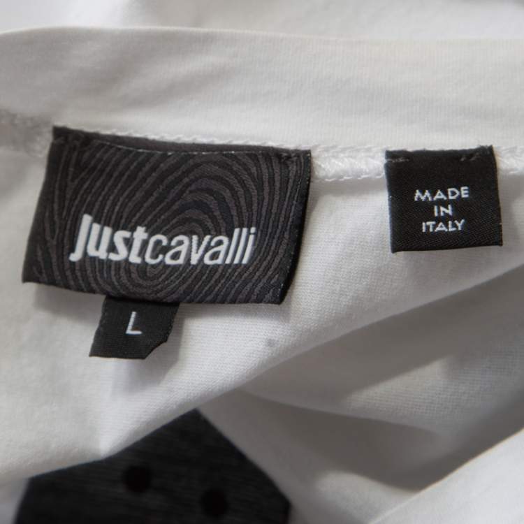 Pre Owned Just Cavalli Black and White Printed Studded Crew Neck T-Shirt L