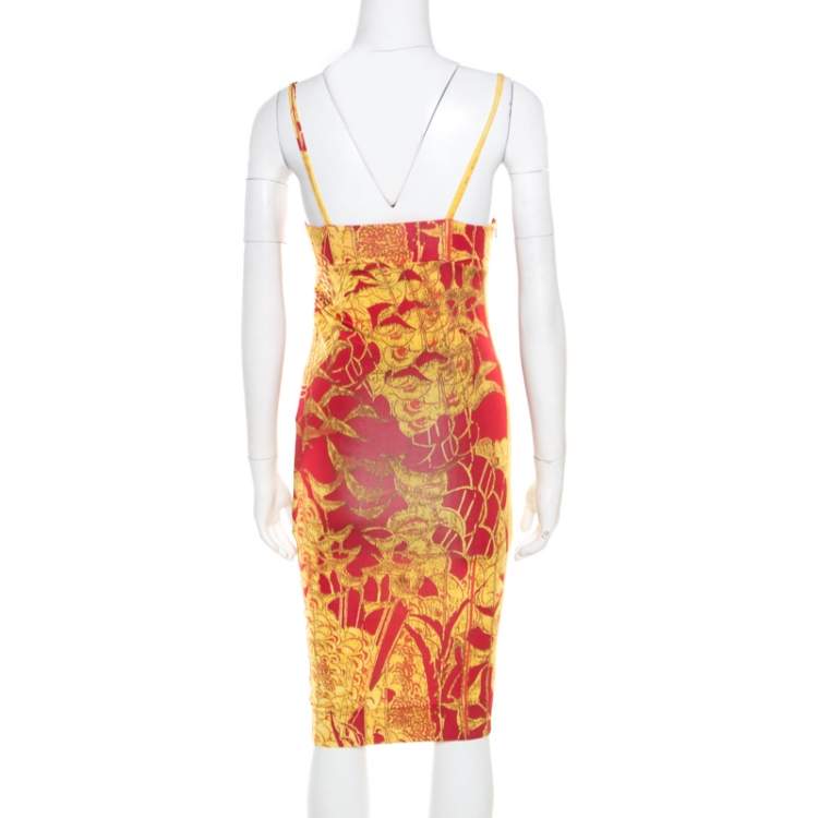 مملوكة مسبقًا Just Cavalli Red and Yellow Printed Jersey Sleeveless Midi Dress S