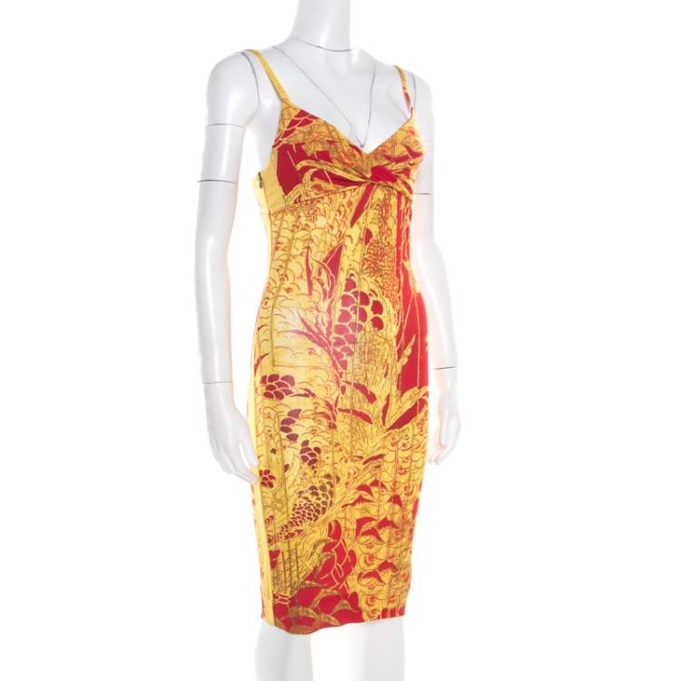 مملوكة مسبقًا Just Cavalli Red and Yellow Printed Jersey Sleeveless Midi Dress S