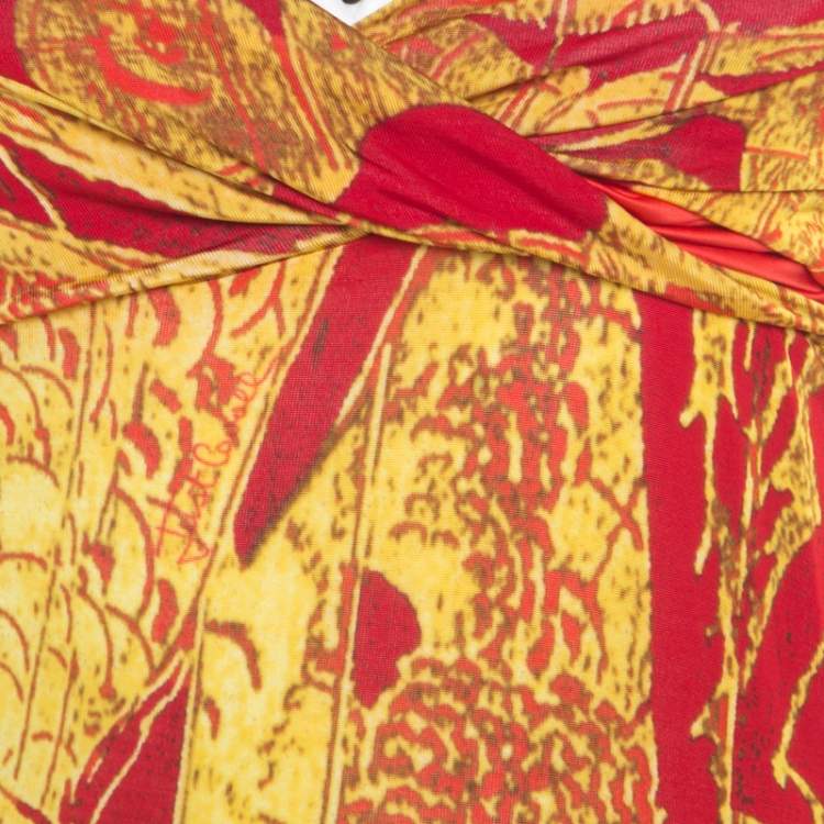مملوكة مسبقًا Just Cavalli Red and Yellow Printed Jersey Sleeveless Midi Dress S