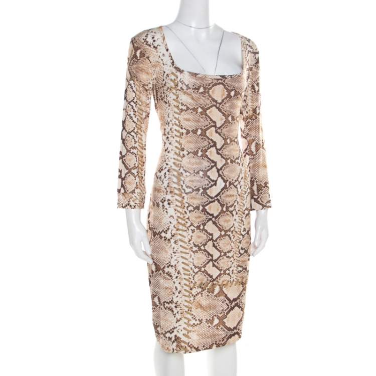 Pre Owned Just Cavalli Brown and Beige Python Scale Printed Jersey Dress XL