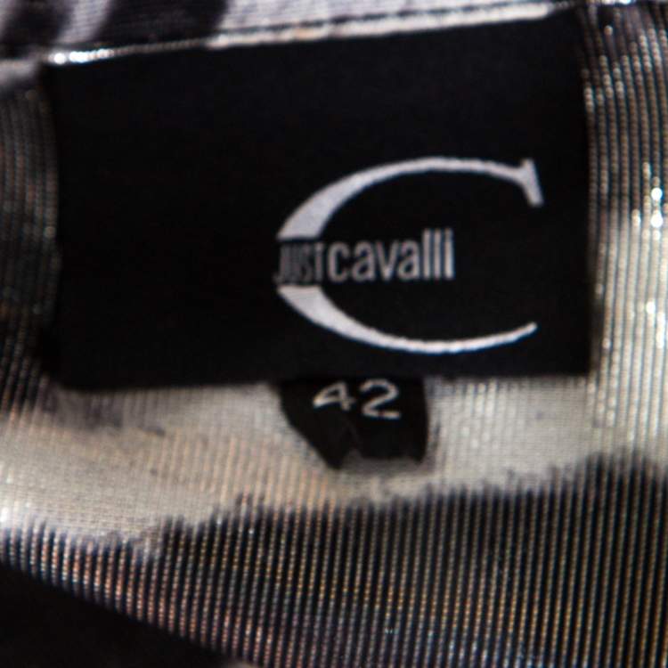 Pre Owned Just Cavalli Metallic Black and White Silk and Lurex Animal Print Shirt M